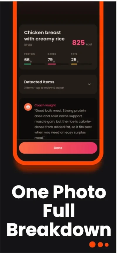 Only Fitness official App Store imagery showing a sample meal nutrition estimate, detected items, and a coaching note.