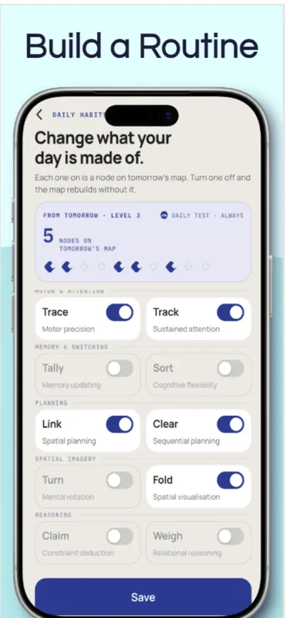 IQ Max official App Store imagery showing exercise selection switches for a daily routine, with sample app content.