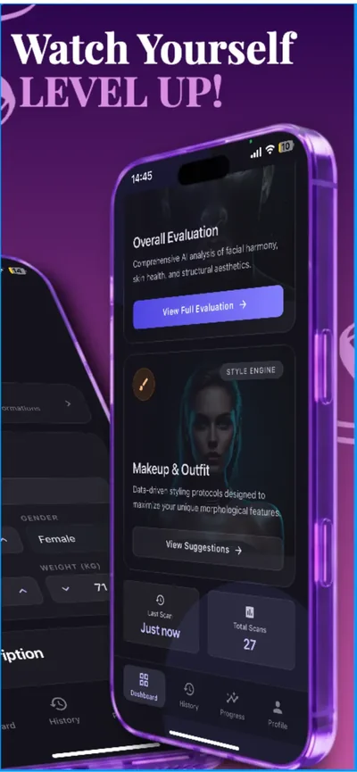Looks Max official App Store imagery showing the overall evaluation and makeup and outfit suggestion cards, with sample app content.
