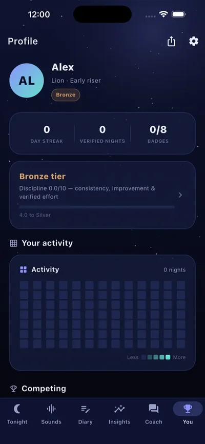 Sleep Max official App Store screenshot showing a sample profile, streak count, badges, and nightly activity grid.