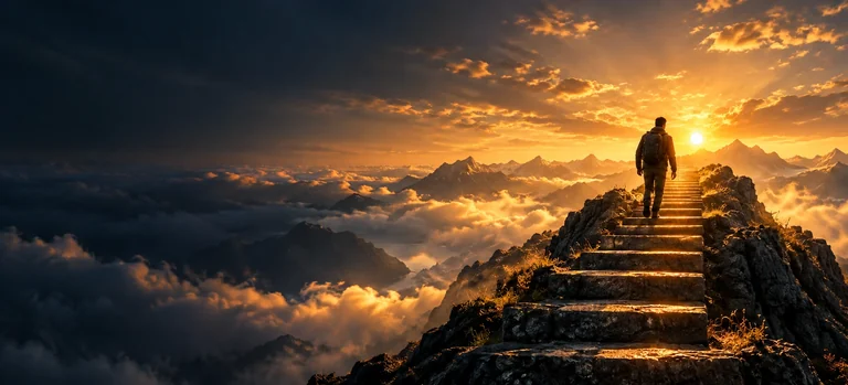 A person climbing mountain steps toward a golden sunrise above the clouds